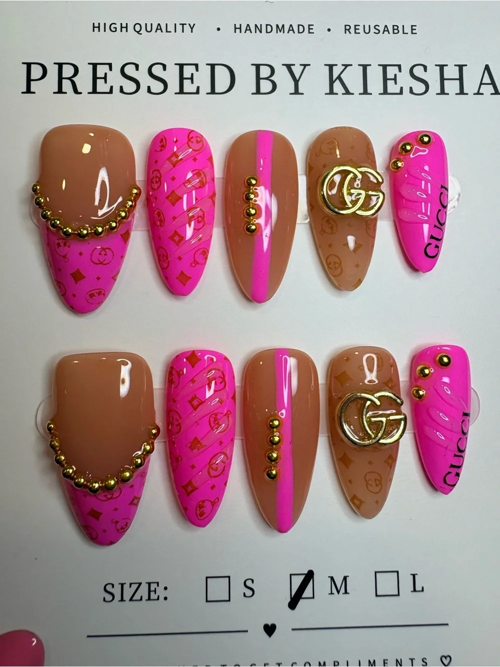 Gucci Pink & Nude Press-On Nails with Gold Accents